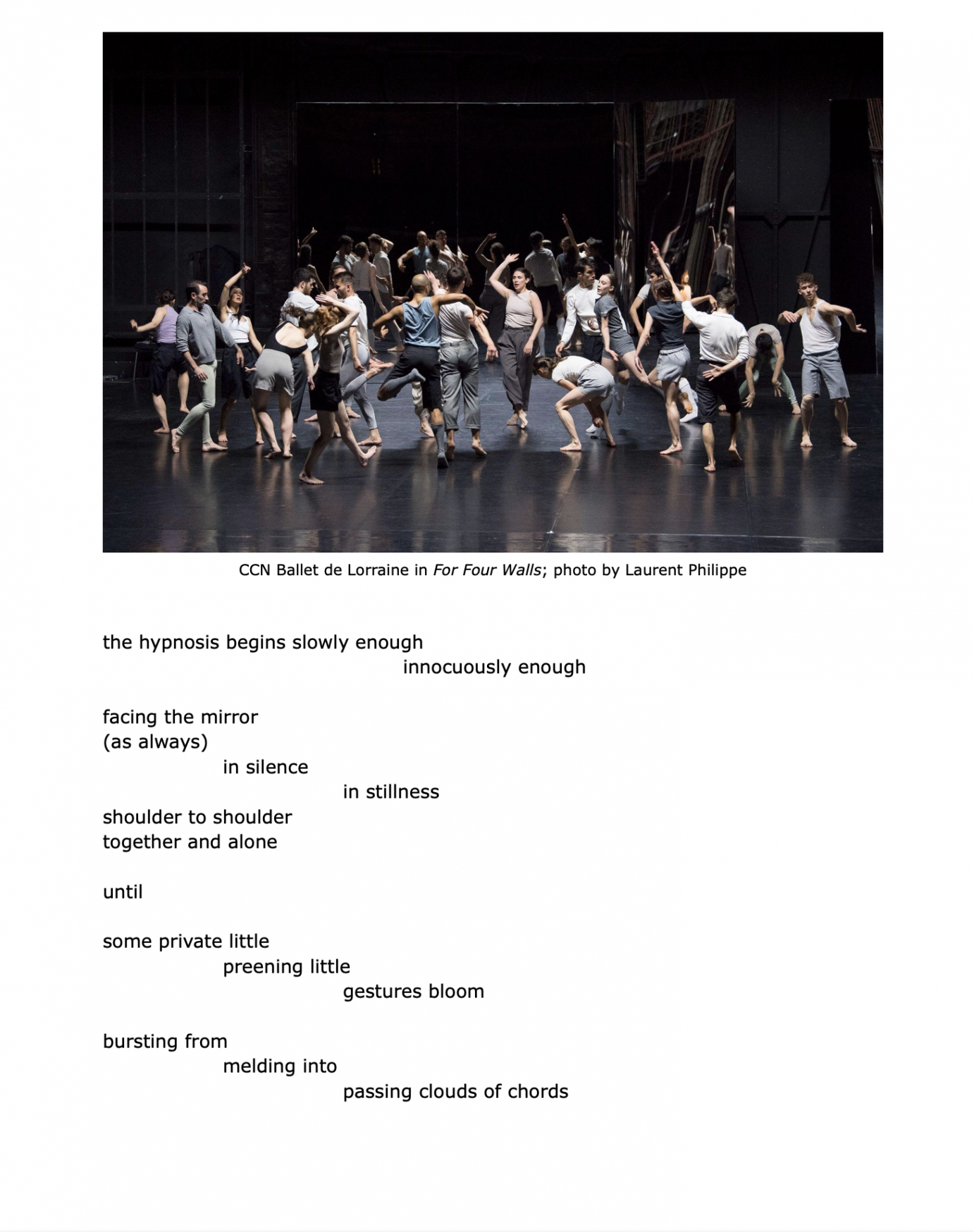 a poem with a picture of a mass of dancers in tones of grey filling the stage 